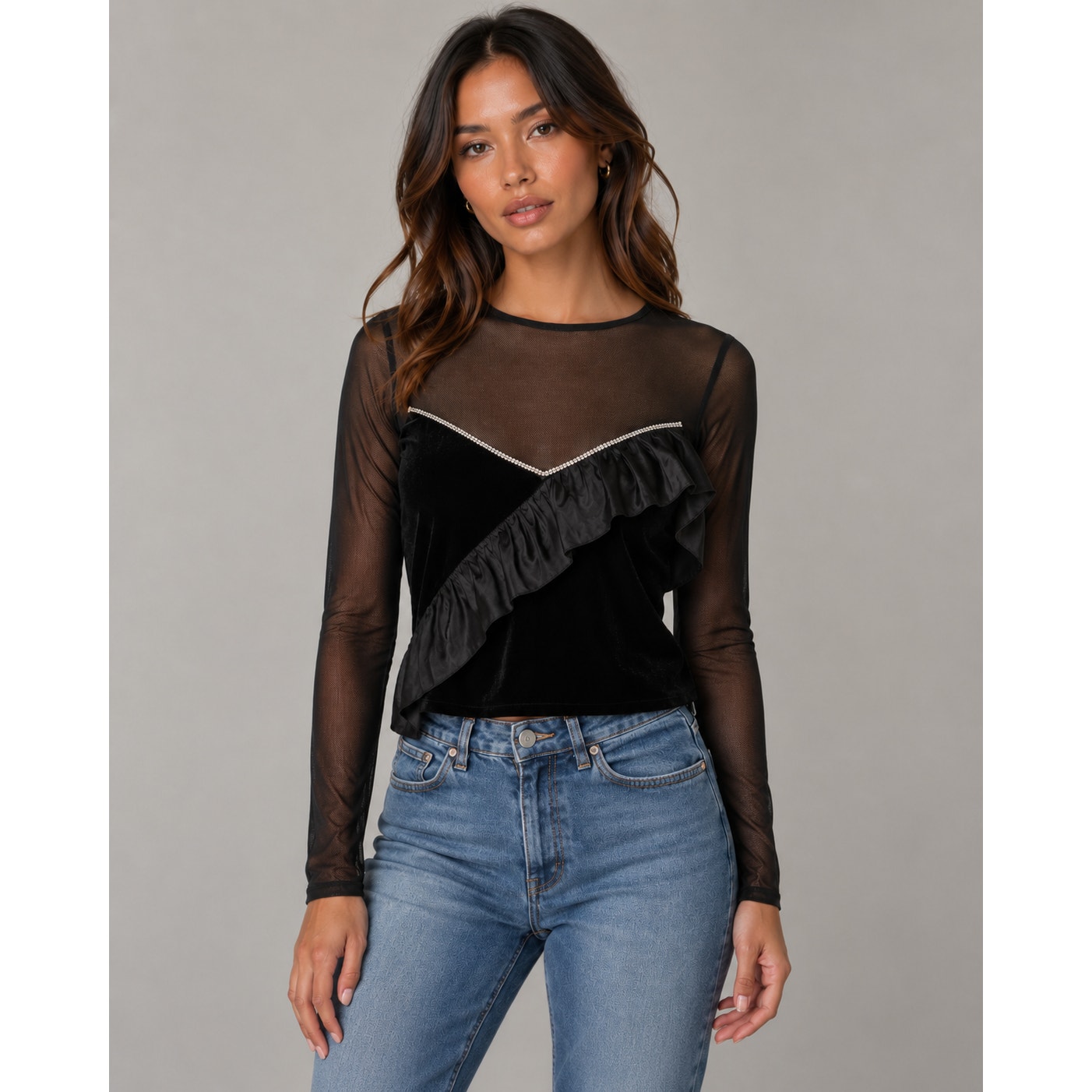 Saylor Dasha Top Xs Black Velvet Mesh Rhinestone Ruffle Long Sleeve Nwt